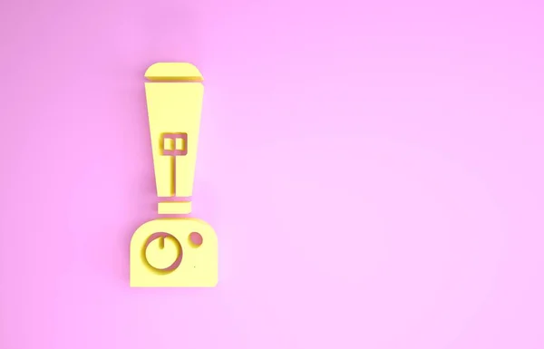 Жовта піктограма блендера ізольована на рожевому фоні. Кухонний електричний стаціонарний блендер з чашею. Готуємо смузі, коктейль або сік. Концепція мінімалізму. 3D ілюстрація 3D рендеринга — стокове фото