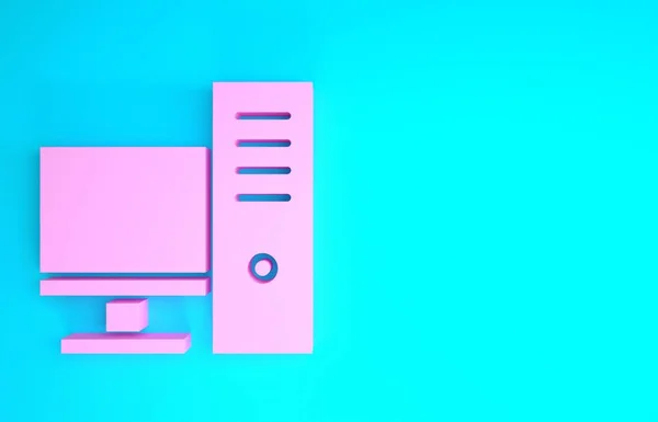 Значок монитора Pink Computer выделен на синем фоне. Знак компонента ПК. Концепция минимализма. 3D-рендеринг — стоковое фото