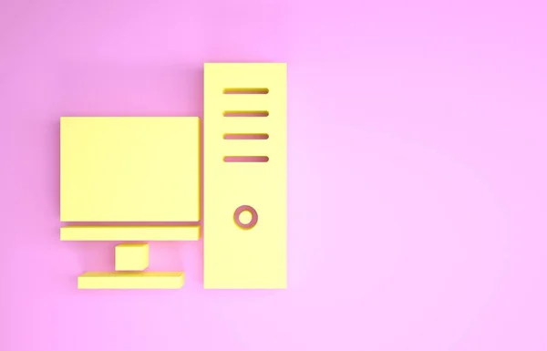 Ícone de monitor de computador amarelo isolado no fundo rosa. Assinatura do componente do PC. Conceito de minimalismo. 3D ilustração 3D render — Fotografia de Stock