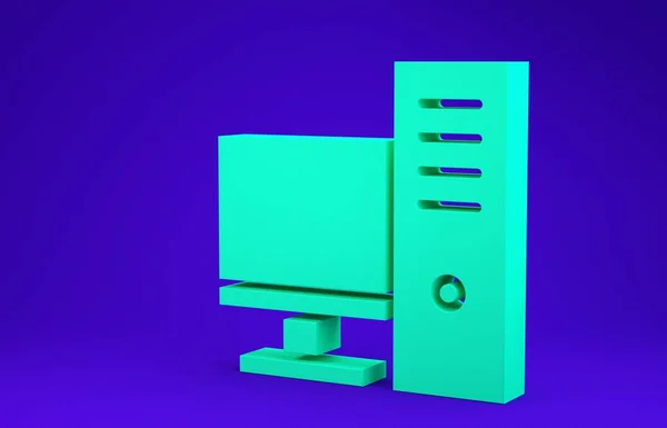 Icona monitor computer verde isolato su sfondo blu. Segno componente PC. Concetto minimalista. Illustrazione 3d rendering 3D — Foto Stock