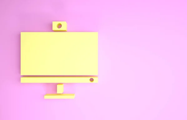 노란색 컴퓨터 모니터 아이콘은 핑크 배경에 분리되어 있습니다. PC 구성 표. 최소성 개념. 3D 일러스트 3D 렌더링 — 스톡 사진