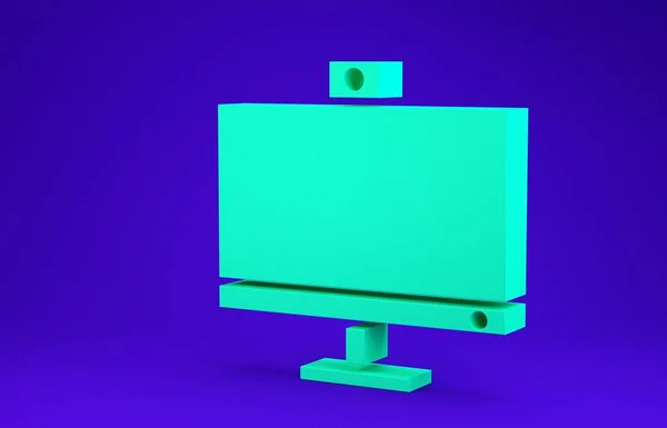 Ícone monitor de computador verde isolado no fundo azul. Assinatura do componente do PC. Conceito de minimalismo. 3D ilustração 3D render — Fotografia de Stock