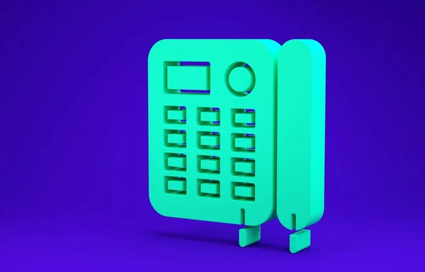 Значок зеленого телефону ізольовано на синьому фоні. Стаціонарний телефон. Концепція мінімалізму. 3D ілюстрація 3D рендеринга — стокове фото