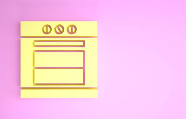 Ícone de forno amarelo isolado no fundo rosa. Fogão sinal forno a gás. Conceito de minimalismo. 3D ilustração 3D render — Fotografia de Stock