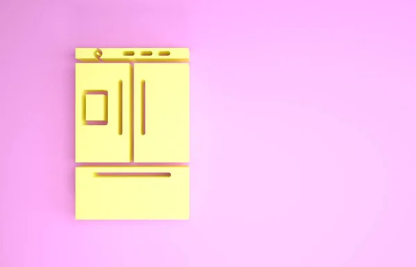 ピンクの背景に隔離された黄色の冷蔵庫のアイコン。冷蔵庫の冷蔵庫。家庭用技術や家電製品。最小限の概念。3Dイラスト3Dレンダリング — ストック写真