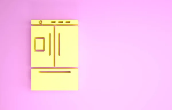 Ícone amarelo do refrigerador isolado no fundo rosa. Frigorífico congelador geladeira. Tecnologia doméstica e electrodomésticos. Conceito de minimalismo. 3D ilustração 3D render — Fotografia de Stock