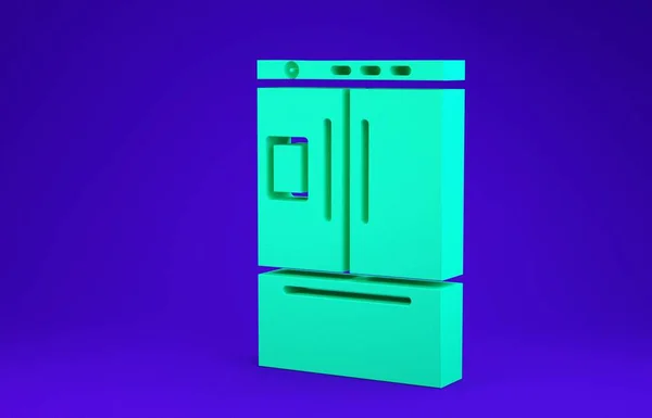 Ikon kulkas hijau diisolasi pada latar belakang biru. Kulkas freezer kulkas. Teknologi rumah tangga dan peralatan. Konsep minimalisme. Tampilan 3D ilustrasi 3d — Stok Foto