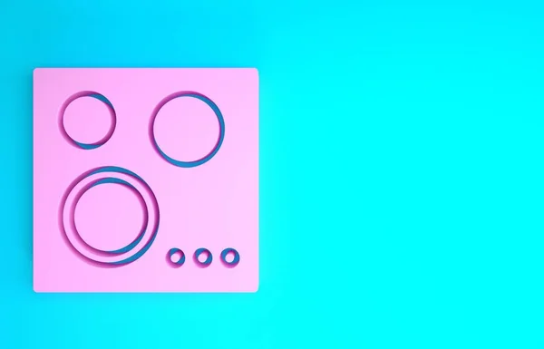 핑크 가스 스토브 아이콘은 파란색 배경에 분리되어 있습니다. 용수철 표시. 원형 버너 4 개달린 돼지. 미니멀리즘의 개념입니다. 3d 삽화 3D 렌더링 — 스톡 사진