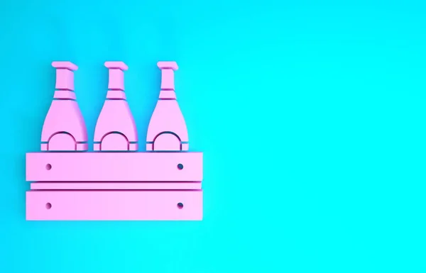 Pink Pack of beer bottles icon geïsoleerd op blauwe achtergrond. Houten doos en bierflesjes. Zaak krat bier doos teken. Minimalisme concept. 3d illustratie 3D renderen — Stockfoto