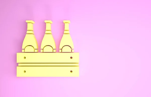 Κίτρινο πακέτο μπουκάλια μπύρας εικονίδιο απομονώνονται σε ροζ φόντο. Ξύλινο κουτί και μπουκάλια μπύρας. Υπόθεση κιβώτιο μπύρα κουτί σημάδι. Μινιμαλιστική έννοια. 3D απεικόνιση 3d καθιστούν — Φωτογραφία Αρχείου