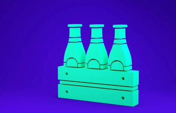 Pack verde de botellas de cerveza icono aislado sobre fondo azul. Caja de madera y botellas de cerveza. Cartel de caja de cerveza caja de caja. Concepto minimalista. 3D ilustración 3D render — Foto de Stock