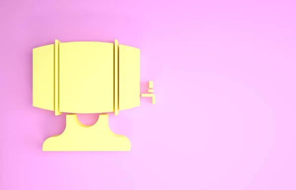 Желтая бочка Вудена на стойке со значком стоп-крана на розовом фоне. Концепция минимализма. 3D-рендеринг — стоковое фото