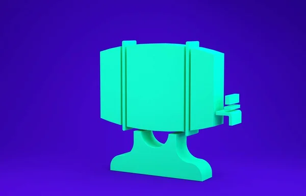 Πράσινο Ξύλινο βαρέλι σε σχάρα με εικονίδιο stopcock απομονώνονται σε μπλε φόντο. Μινιμαλιστική έννοια. 3d απεικόνιση 3D καθιστούν — Φωτογραφία Αρχείου