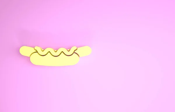 Roti lapis Hotdog kuning dengan ikon mustard diisolasi pada latar belakang merah muda. Ikon sosis. Jalan menu makanan cepat saji. Konsep minimalisme. Tampilan 3D ilustrasi 3d — Stok Foto