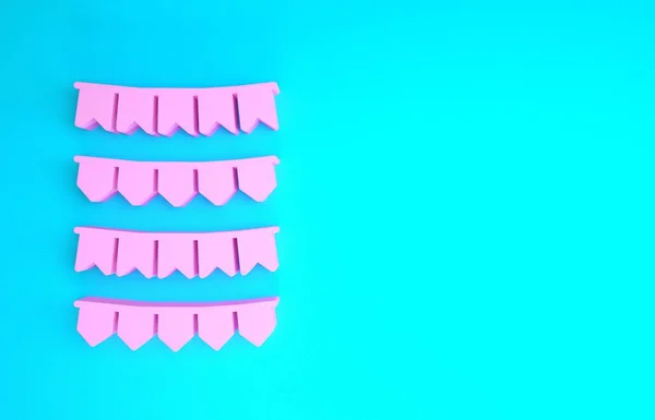 Guirnalda de carnaval rosa con banderas icono aislado sobre fondo azul. Banderines de fiesta para la celebración del cumpleaños, el festival y la decoración justa. Concepto minimalista. 3D ilustración 3D render —  Fotos de Stock