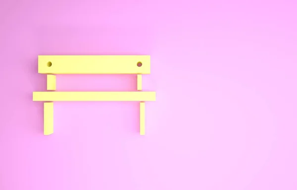 Żółta ikona ławki izolowana na różowym tle. Koncepcja minimalizmu. Ilustracja 3d — Zdjęcie stockowe