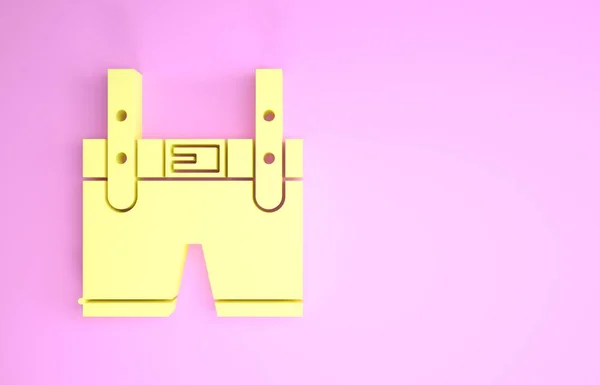 Желтый значок Ледерхозена выделен на розовом фоне. Традиционная баварская одежда. Октоберфест. Штаны с подтяжками. Патрик Дэй. Концепция минимализма. 3D-рендеринг — стоковое фото