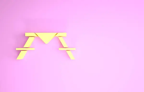 노란색 피크닉 테이블에는 테이블 아이콘의 양쪽 면에 벤치가 핑크 색 배경에 분리되어 있다. 최소성 개념. 3D 일러스트 3D 렌더링 — 스톡 사진