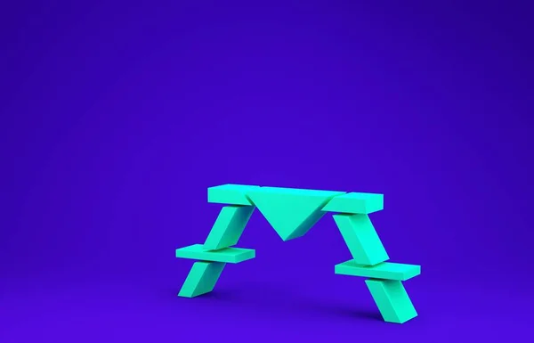 青い背景に隔離されたテーブルアイコンの両側にベンチと緑のピクニックテーブル。最小限の概念。3Dイラスト3Dレンダリング — ストック写真