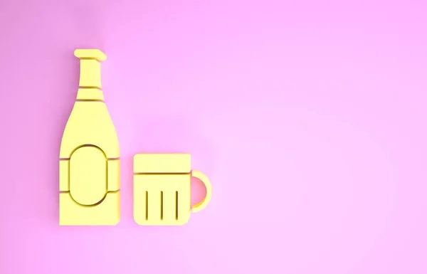 노란 맥주 병 과 유리 아이콘은 핑크 색 배경에 분리되어 있습니다. 술마시는 상징. 최소성 개념. 3D 일러스트 3D 렌더링 — 스톡 사진