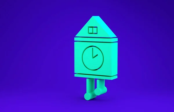 Zielona ikona zegarka ściennego Retro na niebieskim tle. Znak zegarowy kukułki. Antyczny zegar wahadłowy. Koncepcja minimalizmu. Ilustracja 3D 3D renderowania — Zdjęcie stockowe