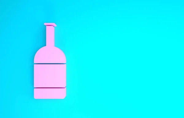 ブルーの背景にピンクのビールボトルのアイコン。最小限の概念。3Dイラスト3Dレンダリング — ストック写真