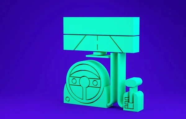 Icono de cabina simulador Green Racing aislado sobre fondo azul. Accesorio de juego. Gadget para conducir juego de simulación. Concepto minimalista. 3D ilustración 3D render — Foto de Stock