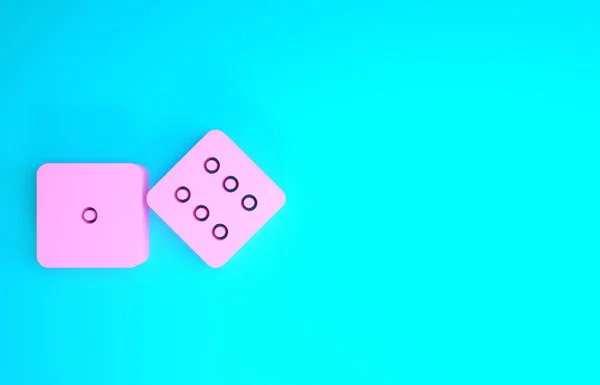 Pinkfarbenes Würfelsymbol auf blauem Hintergrund. Casino-Glücksspiel. Minimalismus-Konzept. 3D Illustration 3D Renderer — Stockfoto
