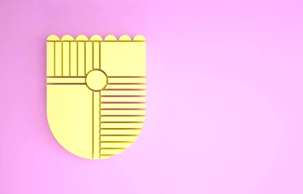 Sárga pajzs játék ikon elszigetelt rózsaszín háttér. Minimalizmus koncepció. 3d illusztráció 3d render — Stock Fotó