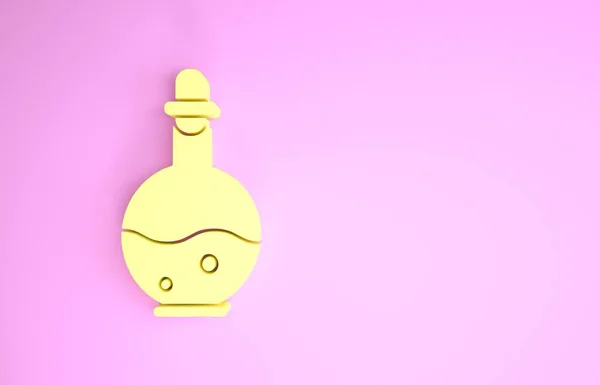 Botella de vidrio amarillo con ícono mágico de elixir aislado sobre fondo rosa. Activo del juego de ordenador. Concepto minimalista. 3D ilustración 3D render —  Fotos de Stock