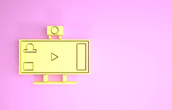 Κίτρινη ζωντανή μετάδοση σε απευθείας σύνδεση εικονίδιο παιχνιδιού βίντεο που απομονώνεται σε ροζ φόντο. Μινιμαλιστική έννοια. 3D απεικόνιση 3d καθιστούν — Φωτογραφία Αρχείου