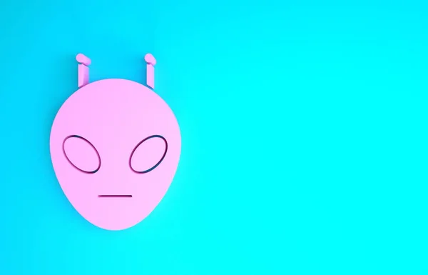 Icono Alien rosa aislado sobre fondo azul. Cara extraterrestre alienígena o símbolo de cabeza. Concepto minimalista. 3D ilustración 3D render —  Fotos de Stock