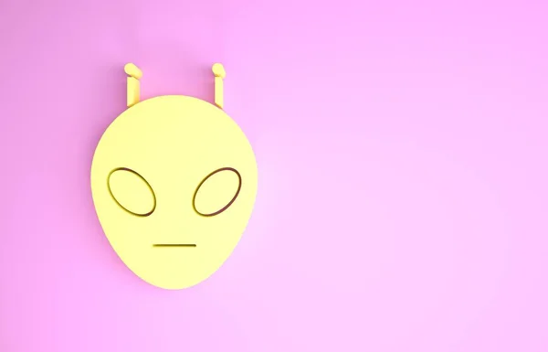 Yellow Alien εικονίδιο απομονώνονται σε ροζ φόντο. Εξωγήινο εξωγήινο πρόσωπο ή σύμβολο κεφαλής. Μινιμαλιστική έννοια. 3D απεικόνιση 3d καθιστούν — Φωτογραφία Αρχείου