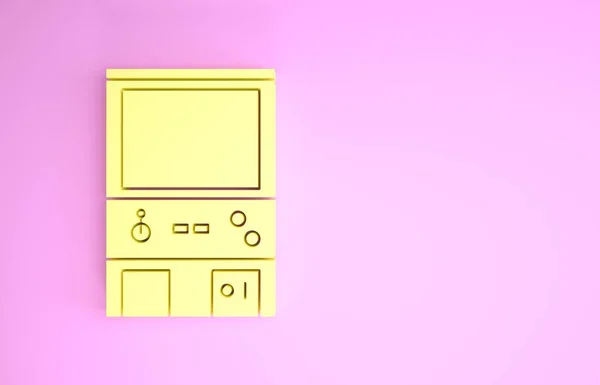 Κίτρινη Retro arcade παιχνίδι μηχανή εικονίδιο απομονώνονται σε ροζ φόντο. Μινιμαλιστική έννοια. 3D απεικόνιση 3d καθιστούν — Φωτογραφία Αρχείου
