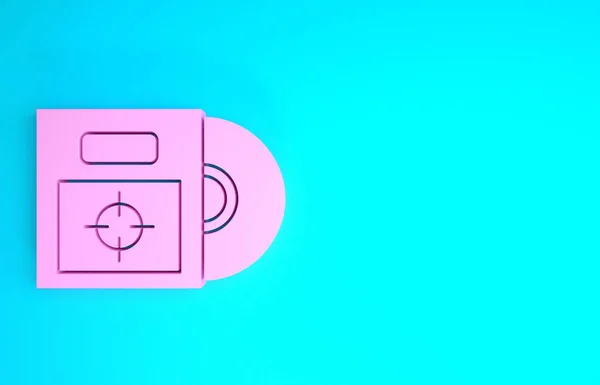 Różowy dysk CD lub DVD w ikonie pudełka izolowane na niebieskim tle. Znak płyty kompaktowej. Koncepcja minimalizmu. Ilustracja 3d — Zdjęcie stockowe