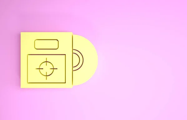 黄色Cd或Dvd盘在盒子图标中,在粉红色背景上隔离. 光盘标志。 最低纲领的概念。 3d说明3d — 图库照片