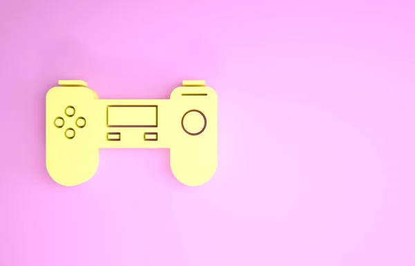 Żółta ikona Gamepad izolowana na różowym tle. Kontroler gry. Koncepcja minimalizmu. Ilustracja 3d — Zdjęcie stockowe
