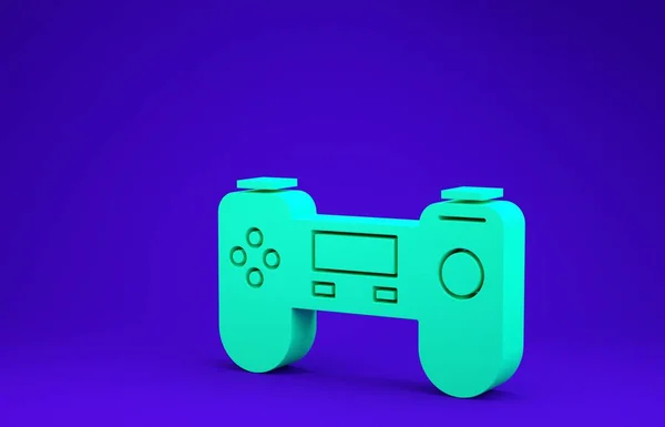 Ikon Green Gamepad diisolasi dengan latar belakang biru. Pengontrol permainan. Konsep minimalisme. Tampilan 3D ilustrasi 3d — Stok Foto