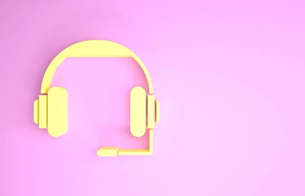 Icona cuffie gialle isolata su sfondo rosa. Auricolari. Concetto per ascoltare musica, servizio, comunicazione e operatore. Concetto minimalista. Illustrazione 3d rendering 3D — Foto Stock