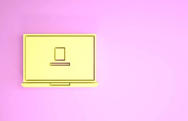 Icono amarillo del ordenador portátil aislado sobre fondo rosa. Computadora portátil con pantalla vacía. Concepto minimalista. 3D ilustración 3D render — Foto de Stock