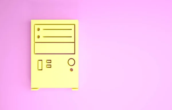 Żółta ikona komputera odizolowana na różowym tle. Znak komponentu komputera. Koncepcja minimalizmu. Ilustracja 3d — Zdjęcie stockowe