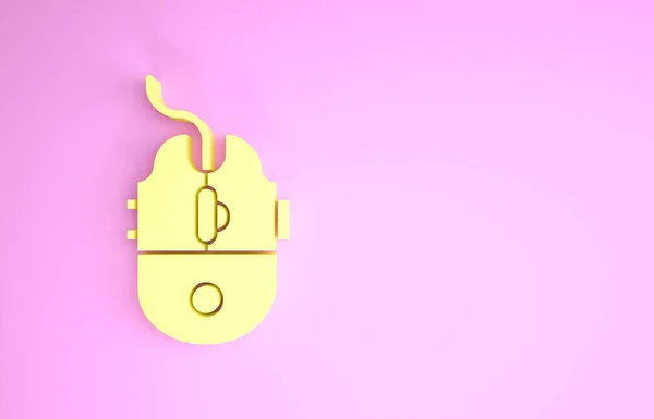 Жовтий комп'ютерний ігровий значок миші ізольований на рожевому фоні. Оптичний з колісним символом. Концепція мінімалізму. 3D ілюстрація 3D рендеринга — стокове фото
