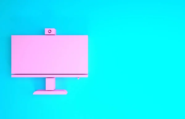Ícone monitor de computador rosa isolado no fundo azul. Assinatura do componente do PC. Conceito de minimalismo. 3D ilustração 3D render — Fotografia de Stock