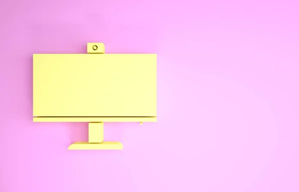 Ikona žlutého monitoru počítače izolovaná na růžovém pozadí. Značka PC komponenty. Minimalismus. 3D ilustrace 3D vykreslení — Stock fotografie