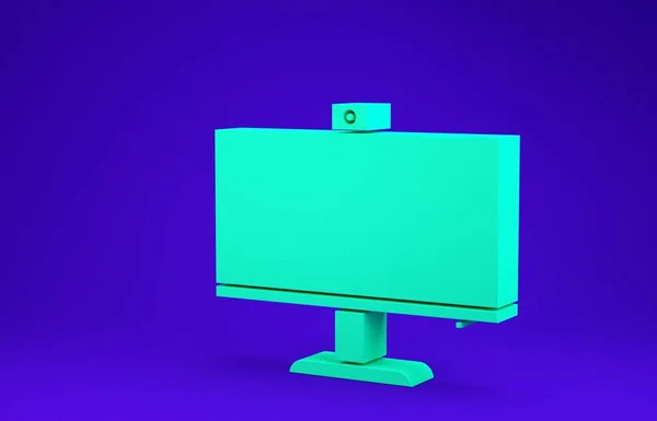 녹색 컴퓨터 모니터 아이콘은 파란색 배경에 분리되어 있습니다. PC 구성 표. 미니멀리즘의 개념입니다. 3d 삽화 3D 렌더링 — 스톡 사진