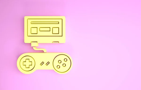 Жовта ігрова консоль Video з джойстиком ізольована на рожевому фоні. Концепція мінімалізму. 3D ілюстрація 3D рендеринга — стокове фото