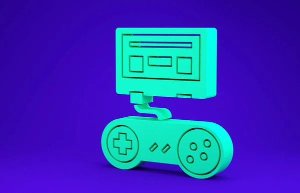 Konsol permainan video hijau dengan ikon joystick terisolasi di latar belakang biru. Konsep minimalisme. Tampilan 3D ilustrasi 3d — Stok Foto