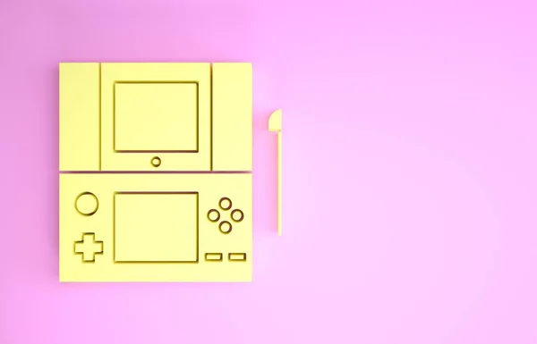 Ikon konsol permainan video Portabel kuning diisolasi pada latar belakang merah muda. Tanda Gamepad. Konsep permainan. Konsep minimalisme. Tampilan 3D ilustrasi 3d — Stok Foto