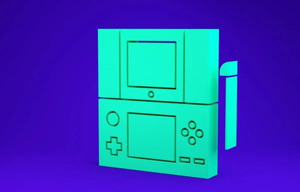 Icono de consola de videojuegos portátil verde aislado sobre fondo azul. Señal de mando. Concepto de juego. Concepto minimalista. 3D ilustración 3D render —  Fotos de Stock