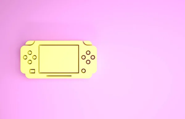 Ícone de console de videogame portátil amarelo isolado em fundo rosa. Sinal do Gamepad. Conceito de jogo. Conceito de minimalismo. 3D ilustração 3D render — Fotografia de Stock